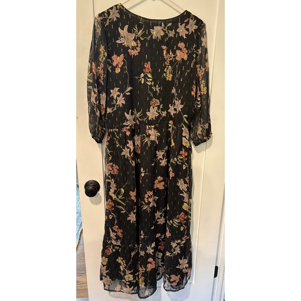 Novica Floral Midi Dress Black Gold Metallic Lurex Tiered Chiffon Size M